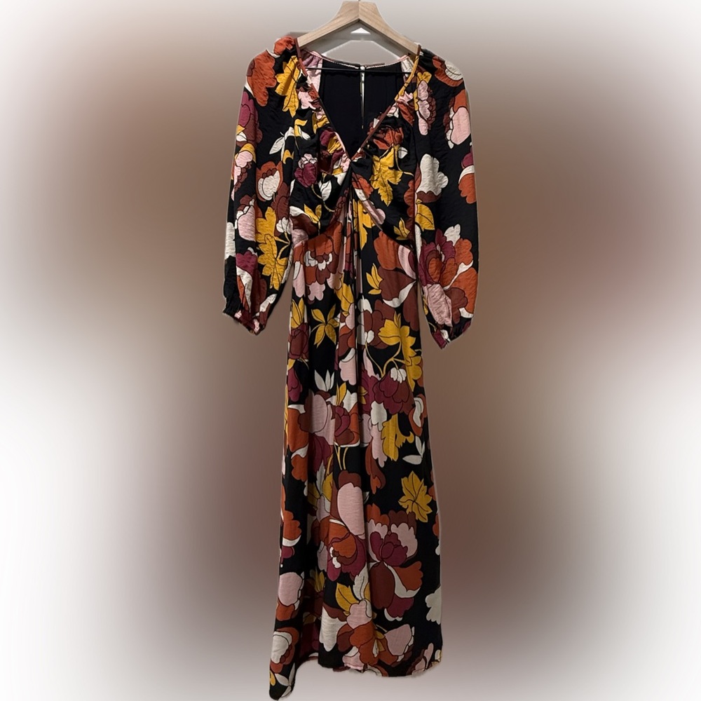 Maeve by Anthropologie Floral Midi Dress Black Pink Yellow Size 8